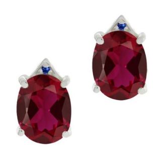 6.75 Ct Oval Red Created Ruby Blue Sapphire 18K White Gold Earrings