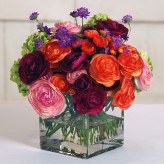 Jane Seymour Botanicals 9 in. Ranunculus and Snowball Mix with Square Glass Vase Silk Flower Arrangement   Silk Flowers