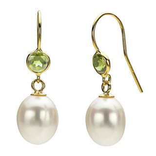 DaVonna 14k Gold White FW Pearl and Peridot Drop Earrings (7 7.5 mm