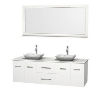 Wyndham Collection Centra 72 inch Double Bathroom Vanity in Gray Oak, White Carrera Marble Countertop, Avalon Ivory Marble Sinks, and 70 inch Mirror
