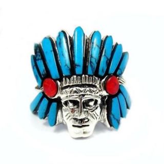 Native American Indian Blue Turquoise .925 Silver Ring (Thailand) Size 8, Blue red