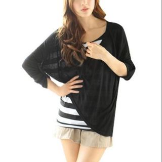 Allegra K Women's Batwing Sleeve Black White Stripe Autumn 2 fer Shirt (Size S / 4)