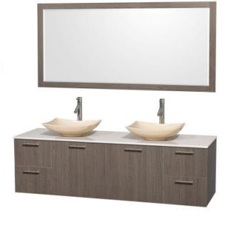 Wyndham Collection Amare 72 in. Double Vanity in Gray Oak with Solid Surface Vanity Top in White, Marble Sinks and 70 in. Mirror WCR410072DGOWSGS5M70