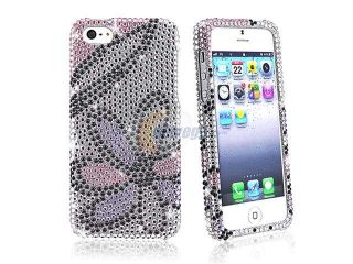 Insten Pink / White Flower Full Diamond Snap on Case Cover + Mirror Screen Cover Compatible With Apple iPhone 5