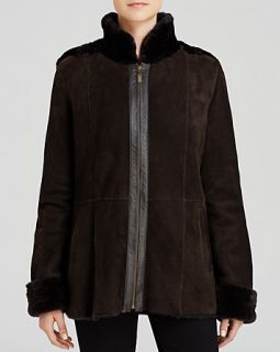 Maximilian Stand Collar Shearling Lamb Coat with Leather Trim