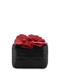 Nancy Gonzalez Poppy Floral Applique Crocodile Clutch Bag, Black/Red