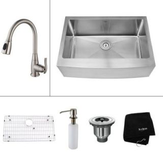 KRAUS All in One Farmhouse Apron Front Stainless Steel 30 in. Single Bowl Kitchen Sink with Satin Nickel Accessories KHF200 30 KPF2230 KSD30SN