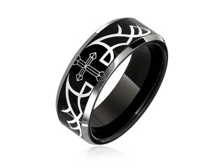Bling Jewelry Mens Laser Etched Thorn Cross Ring Black Tungsten Wedding Band 8mm