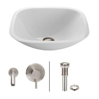 Vigo Square Shaped Stone Glass Vessel Sink in White Phoenix with Wall Mount Faucet Set in Brushed Nickel VGT219