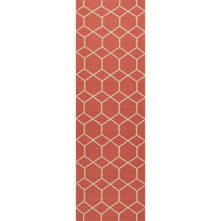 Handmade Flat weave Geometric pattern Red/ Orange Runner Rug (26 x 8