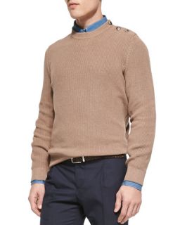 Brunello Cucinelli Ribbed Knit Sweater with Crested Buttons, Camel