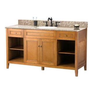 Foremost Exhibit 61 in. W x 22 in. D Vanity in Rich Cinnamon with Granite Vanity Top in Golden Hill with White Basin TRIAGH6122D1