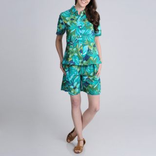 La Cera Womens Teal Floral Print Casual Shirt and Short Set