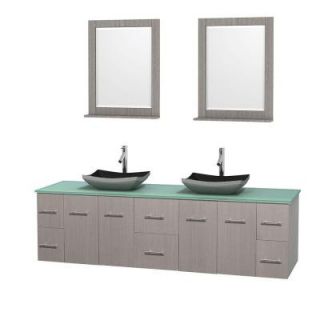 Wyndham Collection Centra 80 in. Double Vanity in Gray Oak with Glass Vanity Top in Green, Black Granite Sinks and 24 in. Mirrors WCVW00980DGOGGGS1M24