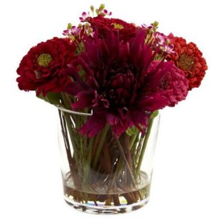 Nearly Natural Mixed Zinnia Floral Arrangement with Decorative Glass Vase