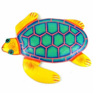 Hand Painted Metal Turtle Yellow and Teal Design (Haiti)
