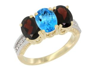 14K Yellow Gold Natural Swiss Blue Topaz & Garnet Sides Ring 3 Stone 7x5 mm Oval Diamond Accent, sizes 5   10