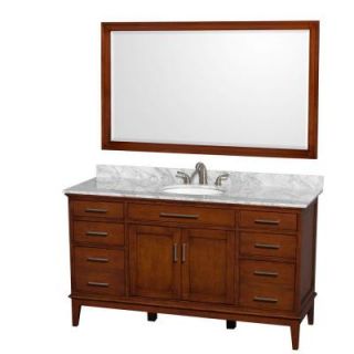 Wyndham Collection Hatton 60 in. Vanity in Light Chestnut with Marble Vanity Top in Carrara White, Sink and 56 in. Mirror WCV161660SCLCMUNRM56