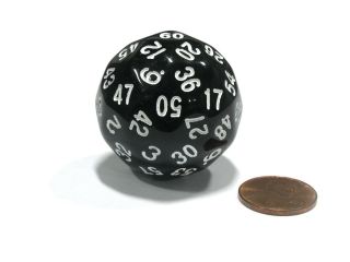 Sixty Sided D60 35mm Large Gaming Dice   Black with White Numbers