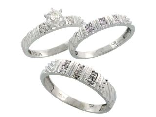 10k White Gold Diamond Trio Wedding Ring Set His 5mm & Hers 3.5mm, Men's Size 8 to 14