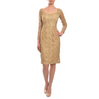 Mac Duggal Womens Gold Floral Lace Fitted Long sleeve Dress