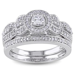 Miadora 10k White Gold 1/2ct TDW Diamond Halo Bridal Ring Set (H I, I2