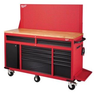 Milwaukee 60 in. 11 Drawer and 1 Door 22 in. D Mobile Workbench with Adjustable Height, Sliding Pegboard Back Wall, Red and Black 48 22 8560
