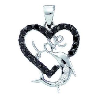 14K White Gold 0.41CT Elegant Black Diamond Love Dolphin & Heart Fashion Pendant