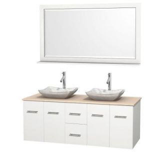 Wyndham Collection Centra 60 in. Double Vanity in White with Marble Vanity Top in Ivory, Carrara White Marble Sinks and 58 in. Mirror WCVW00960DWHIVGS3M58