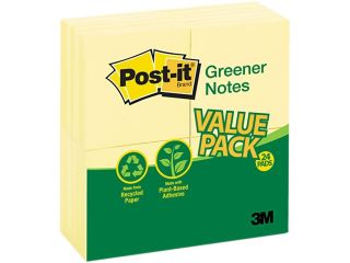 Post it Greener Notes 654RP 24 YW Original Recycled Note Pads, 100 3 x 3 Sheets, Canary Yellow, 24 Pads/Pack