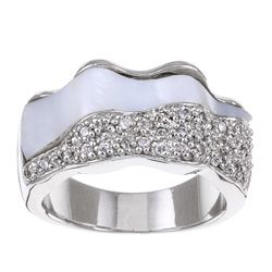 Rhodium plated Brass Cubic Zirconia and Mother of Pearl Wave Ring