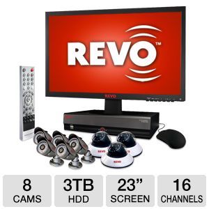 Revo EZLink R164D3EB5EM23 3T Security Camera System   16 Channels, 3TB HDD, 23 LED Monitor, 3x Dome Cameras, 5x Bullet Cameras, 600 TVL, 6mm Lens, 1/3 Color Sensor