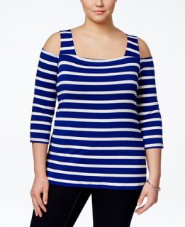 INC International Concepts Plus Size Striped Cold Shoulder Top, Only