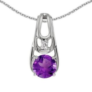 10k White Gold Round Amethyst And Diamond Pendant with 16" Chain