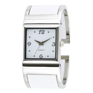 Ladies Dress Watch w/Square ST Case White Dial and ST/White Bangle