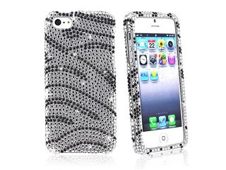 Insten Black / White Zebra Full Diamond Snap on Hard Case Cover + Mirror Front & Back Screen Protector Compatible With Apple iPhone 5