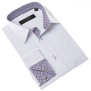 Coogi Mens White Classic fit Dress Shirt with Brown and Blue Gingham