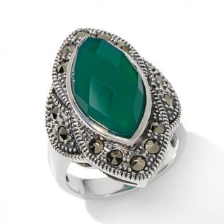 Gray Marcasite and Green Agate Sterling Silver Marquise Ring   7840152
