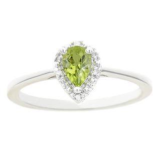 Sterling silver 6x4mm pear shaped peridot with diamond accent ring