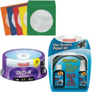 Maxell 25 Count DVD+R, 50 Color Sleeves, Scratch Repair Kit