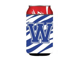 Letter W Initial Monogram   Tiger Stripe Blue and White Can Beverage Insulator Hugger