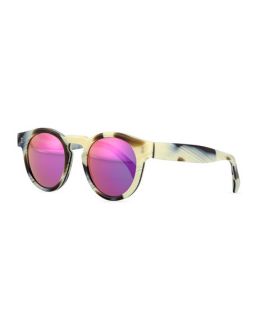 Illesteva Leonard Round Horn Pattern Sunglasses with Mirror Lens, Brown/Cream