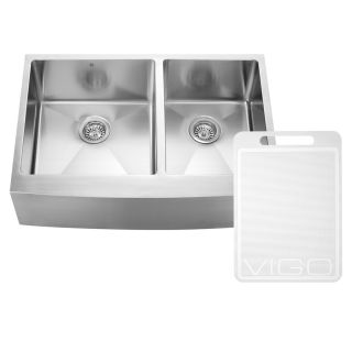 VIGO 33 in x 22.25 in Stainless Steel Double Basin Apron Front/Farmhouse Commercial Kitchen Sink