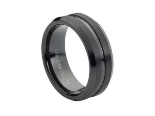 Tungsten Carbide Black Enamel Plated Shiny Grooved Center Brushed Beveled Edge 8mm Wedding Band Ring
