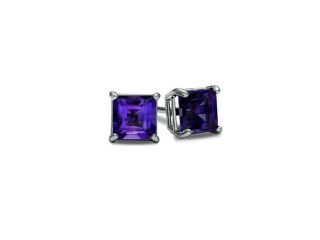 Sterling Silver Manmade Amethyst Princess 3Ct Stud Earrings Designed in France