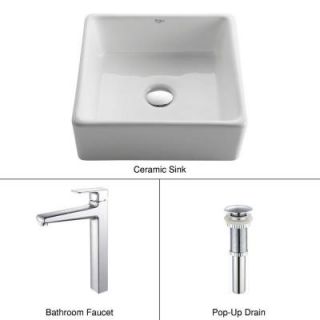 KRAUS Square Ceramic Sink in White with Virtus Faucet in Chrome C KCV 120 15500CH