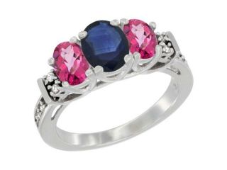 10K White Gold Natural Blue Sapphire & Pink Topaz Ring 3 Stone Oval Diamond Accent