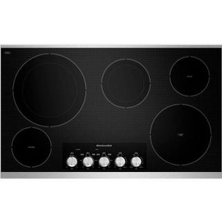 KitchenAid 36 in. Ceramic Glass Electric Cooktop in Stainless Steel with 5 Elements including Double Ring and Warming Elements KECC664BSS