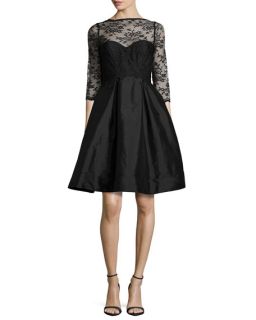 Monique Lhuillier Bridesmaids 3/4 Sleeve Lace Bodice Full Skirt Short Dress, Black