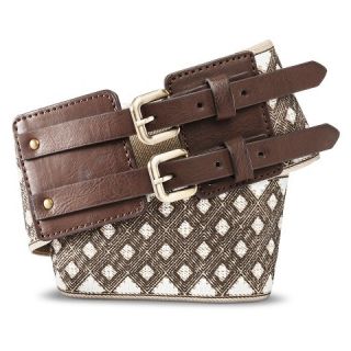 Womens Diamond Print Cinch Belt with Double Buckle Clasp   Brown
